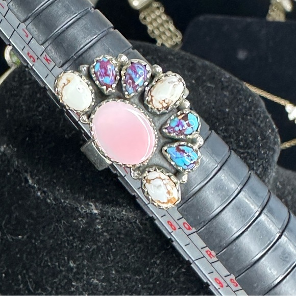Sterling Silver Pink Conch & Composite gemstones half flower Ring Sz 6.5 adj - Picture 9 of 14